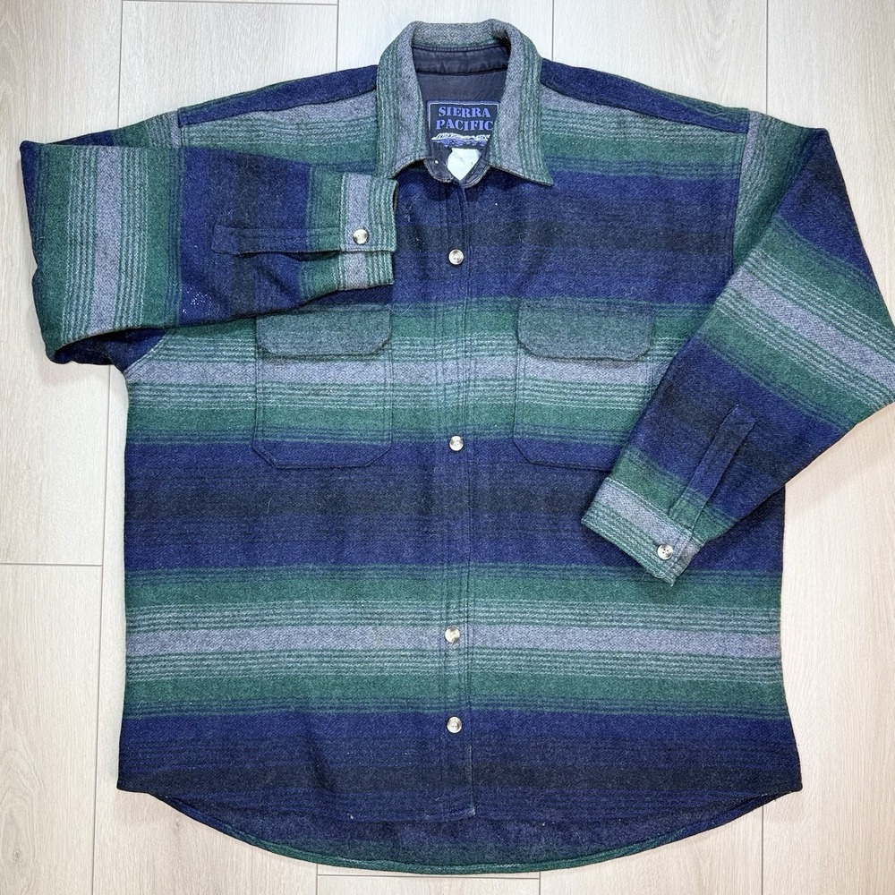 VTG Sierra Pacific Wool Flannel Jacket Mens XL Blue Green Plaid Heavy 90s USA